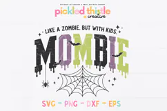 Trendy Mombie cut file with retro pastel Halloween colors, distressed sports font, bats, stars, and spider web artwork for DIY crafting projects.