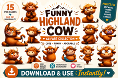 Funny Highland Cow Yoga PNG Clipart Bundle | 15 Designs Product Image 1