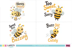 Collection of four cute bee designs with funny honey-inspired phrases