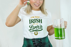 Funny St Patrick’s Day shirt design with bold green lettering and a gold horseshoe accent.