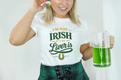 Funny St Patrick’s Day shirt design with bold green lettering and a gold horseshoe accent.