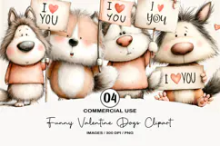 Funny Valentine Dogs Clipart, 4 Animal sublimation Design Product Image 1