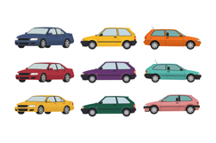 Colorful array of nine diverse cars in a minimal flat design Product Image 1