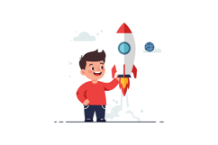 A cheerful boy holding a colorful rocket in a playful flat v Product Image 1