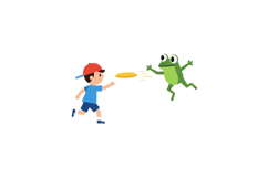 A playful boy throwing a frisbee to a leaping green frog in Product Image 1