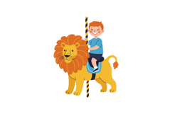 A cheerful boy riding a friendly lion in a playful flat vect Product Image 1