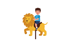 A cheerful boy riding a friendly lion in a playful flat vect Product Image 1