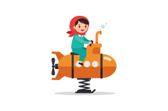 Cheerful girl in green outfit riding an orange submarine spr Product Image 1