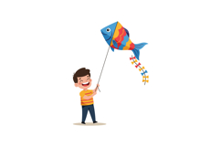 Happy boy flying colorful fish-shaped kite in flat vector ar Product Image 1