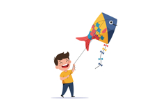 A joyful boy flying a colorful fish-shaped kite in a flat ve Product Image 1