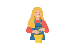 A young woman nurturing a green plant in a yellow pot, flat Product Image 1