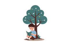 A boy reading a book under a tree with decorative lights in Product Image 1