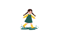 A cheerful girl in yellow rain boots splashing through puddl Product Image 1
