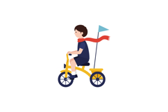A young boy riding a yellow tricycle with a blue flag, minim Product Image 1