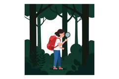 Young girl exploring a forest with a magnifying glass in fla Product Image 1