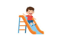 Happy child sliding down a colorful playground slide in flat Product Image 1