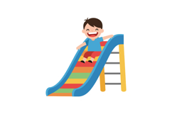A cheerful boy sliding down a colorful playground slide in m Product Image 1