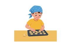 A cheerful boy in a yellow shirt and blue bandana making sta Product Image 1