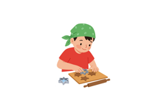 A cheerful boy in a red shirt and green bandana making star- Product Image 1