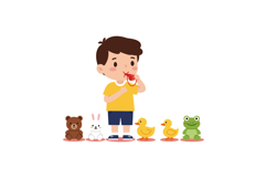 Young boy happily eating candy with colorful toy animals in Product Image 1
