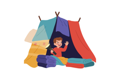 A cheerful boy in a colorful blanket fort using a flashlight Product Image 1