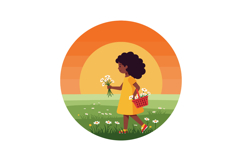 A young girl in a yellow dress joyfully picking flowers in a Product Image 1