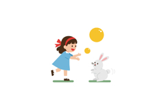 A joyful girl in a blue dress playing with a white rabbit an Product Image 1