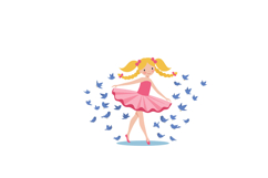 A joyful girl dancing in a pink dress surrounded by blue bir Product Image 1