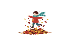 A cheerful child in a red coat jumping into a pile of colorf Product Image 1