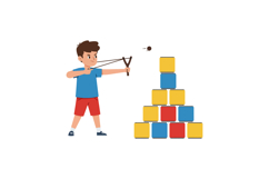 A boy aiming with a slingshot at a colorful block pyramid in Product Image 1