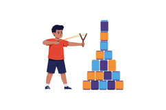 A boy aiming a slingshot at a colorful block tower in a play Product Image 1