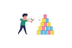 A boy aiming with a slingshot at a colorful stack of blocks Product Image 1