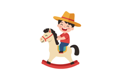 Happy child riding a rocking horse in a playful and colorful Product Image 1