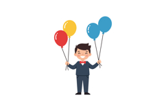 Happy boy in formal attire holding colorful balloons in flat Product Image 1