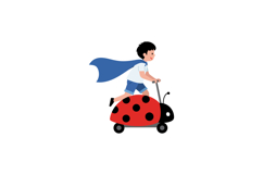 A joyful boy riding a ladybug scooter with blue cape in a pl Product Image 1