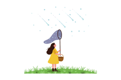A girl in a yellow dress catching falling stars with a net i Product Image 1