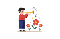 Boy playing trumpet in a garden surrounded by colorful flowe Product Image 1