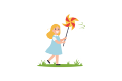 A cheerful girl in a blue dress joyfully spins a colorful pi Product Image 1