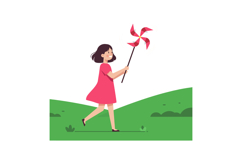 Young girl joyfully running with a colorful pinwheel in a vi Product Image 1
