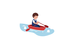 A young boy rowing a small red boat in serene blue waters, f Product Image 1