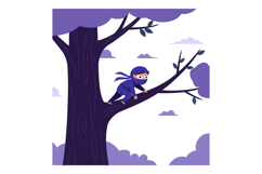 A playful ninja perched on a tree branch in a minimalist, fl Product Image 1