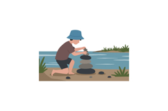 A young boy stacking stones by a riverbank in a flat vector Product Image 1