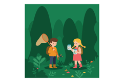 Children exploring nature in a vibrant green forest with fla Product Image 1
