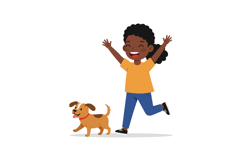 Happy child joyfully running with playful dog in flat style Product Image 1