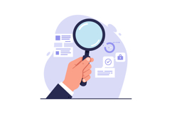 Hand holding a magnifying glass inspecting digital data in f Product Image 1