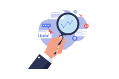Hand holding magnifying glass analyzing data trends with fla Product Image 1