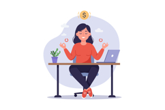 Woman meditating at desk with laptop and plant in flat vecto Product Image 1