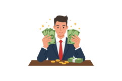 Businessman holding cash in hands with money on table in fla Product Image 1