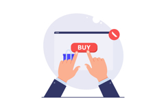 Hands pressing a red buy button on a computer screen in flat Product Image 1