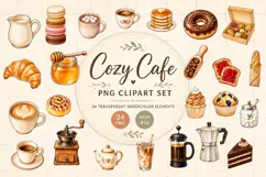 Cozy Cafe Clipart PNG, Watercolor Coffee & Bakery Product Image 1